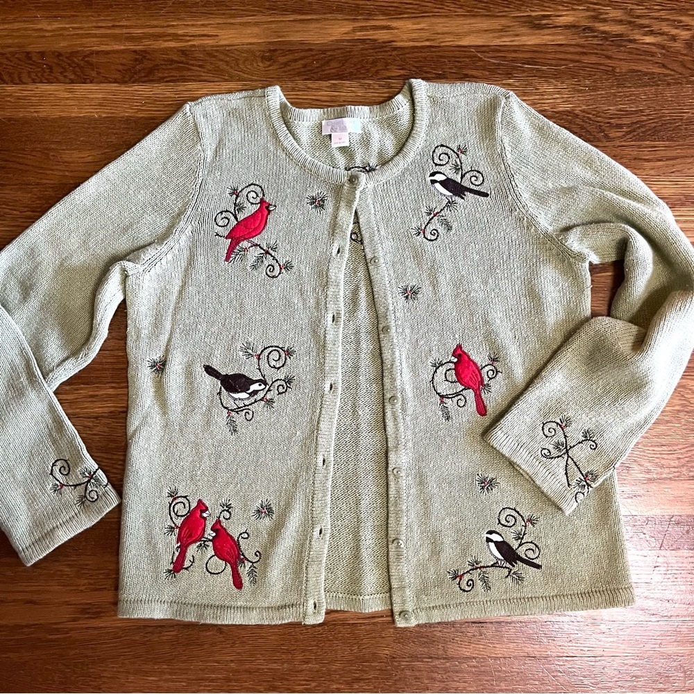 vintage Christopher Banks y2k Christmas cardigan sweater M cardinal birds
